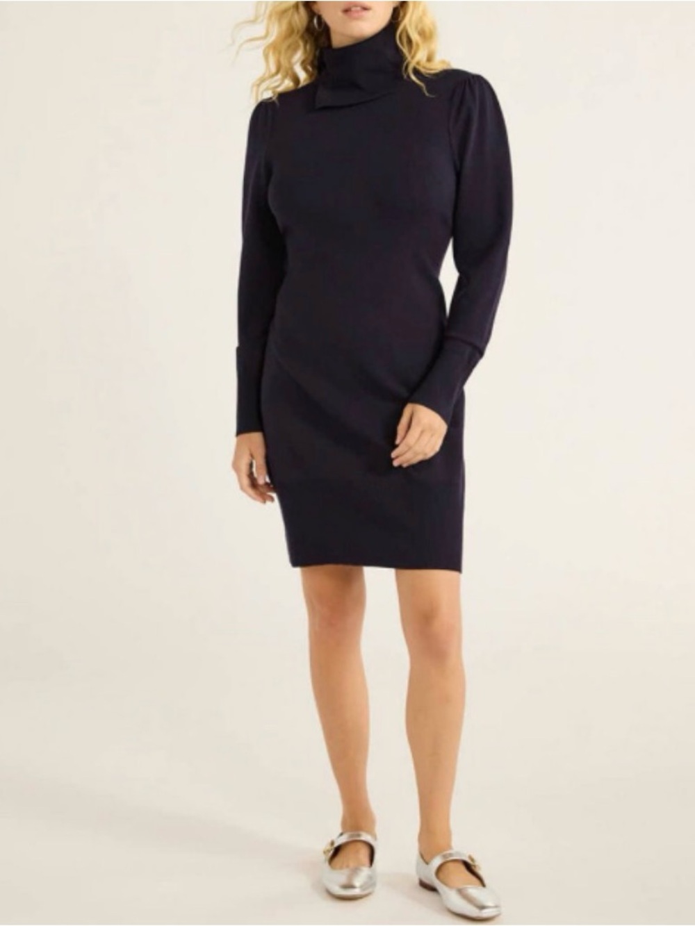 Fitted Turtleneck Long-Sleeve Dress in Dark Navy